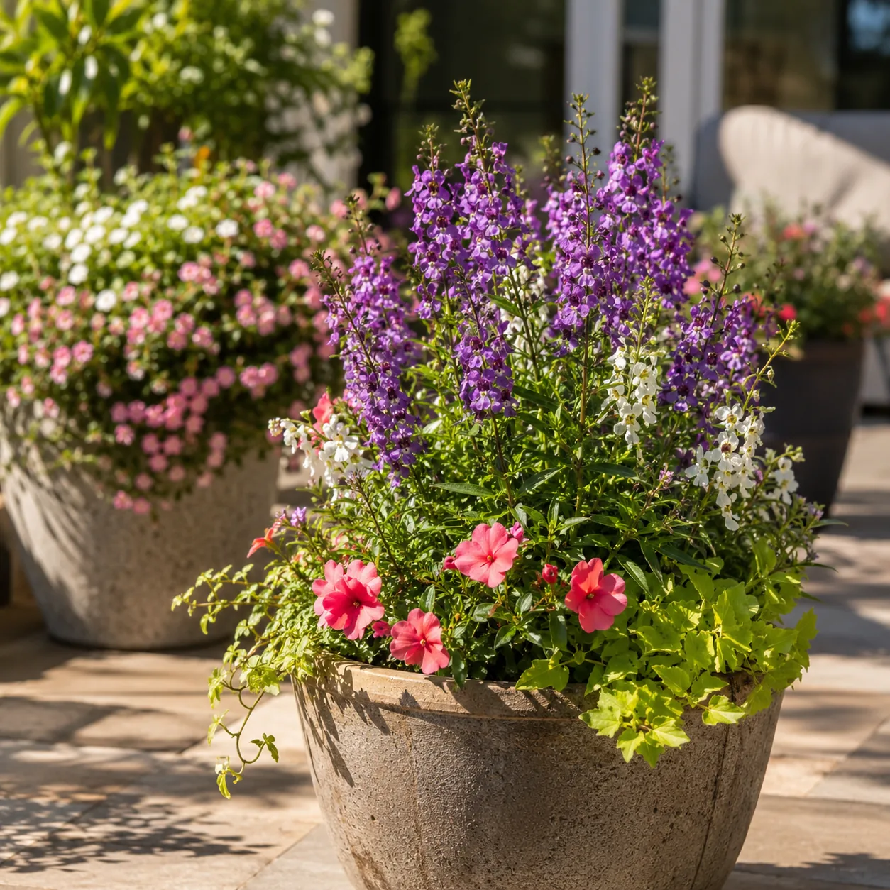 Realistic editorial photo of Angelonia growing in sunny patio containers with heat tolerant flowering plants, realistic 