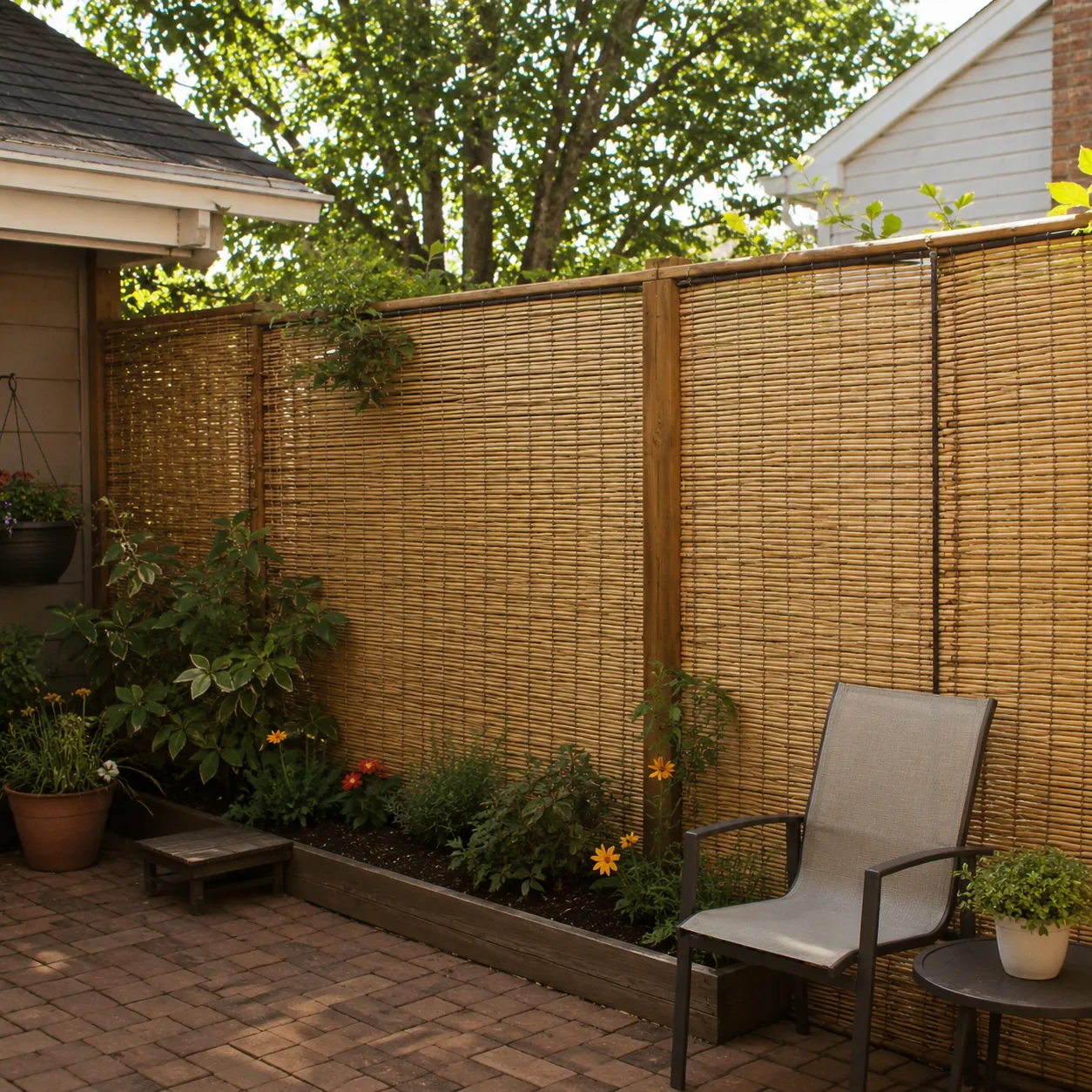 Realistic editorial photo of bamboo roll screening in an ordinary backyard needing privacy, realistic editorial photo, n