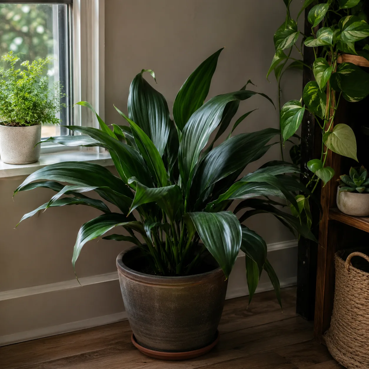 Realistic editorial photo of Cast iron plant growing in low light room corner with houseplants near a window, realistic 