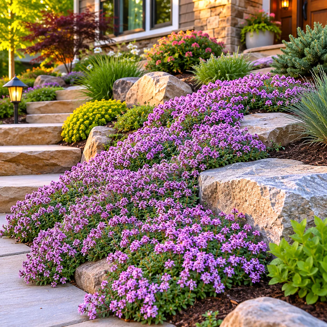 Realistic editorial photo of Creeping thyme growing in sloped front yard planted with controlled ground covers, realisti