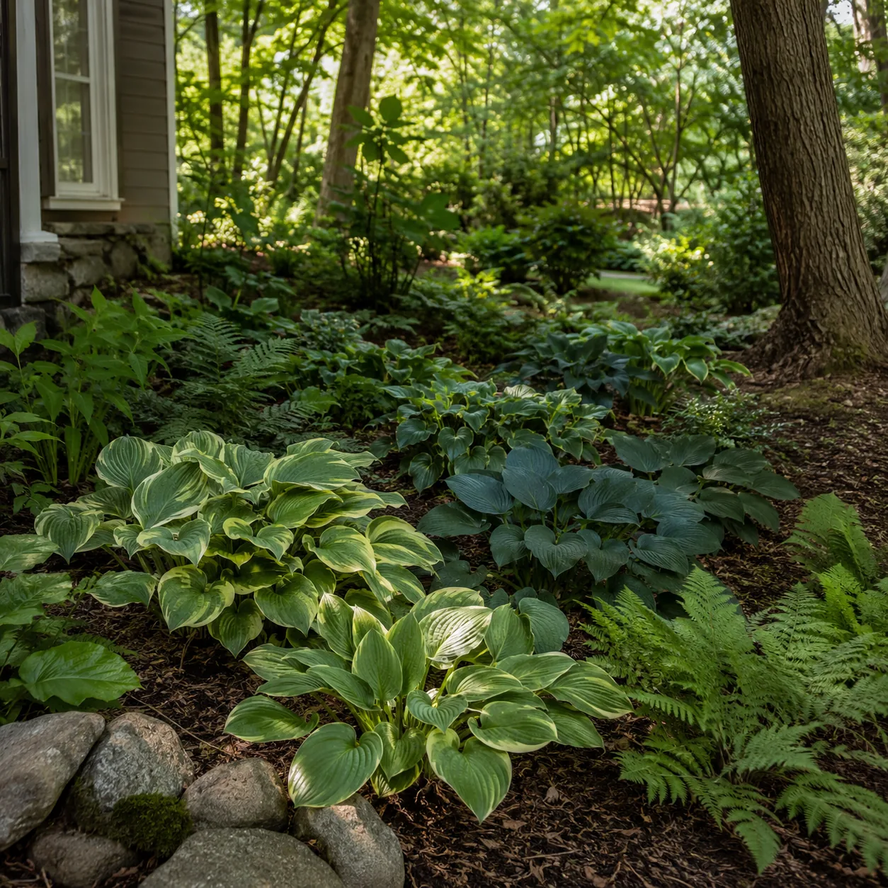 Realistic editorial photo of Hosta in dry shade varieties growing in dry shady side yard under mature trees planted with