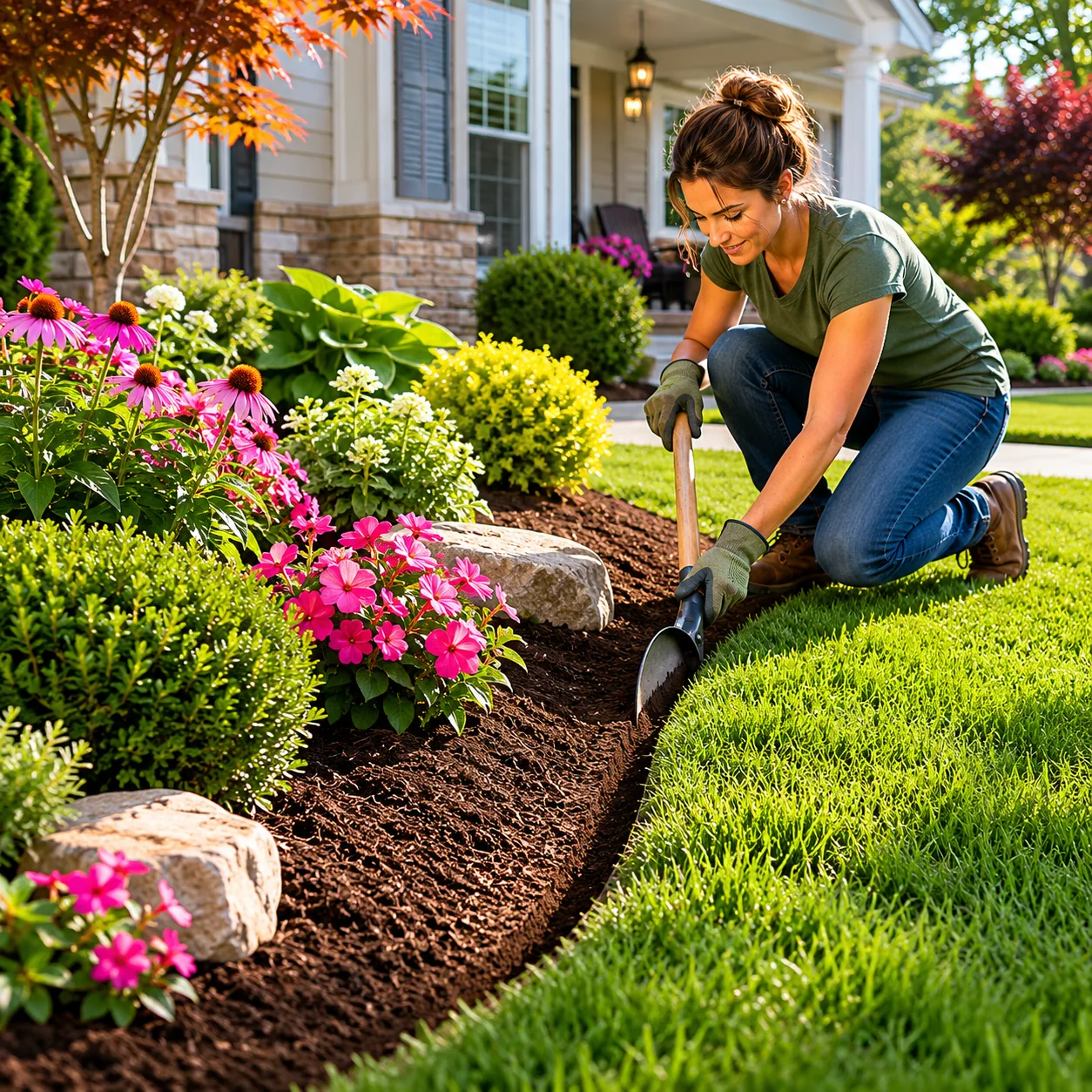 Realistic editorial photo of make bed edges crisp in polished suburban front yard, realistic editorial photo, natural li