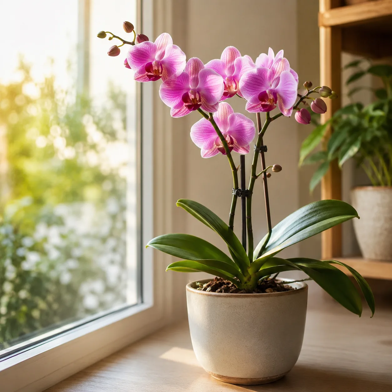 Realistic editorial photo of orchid near east facing window in soft bright morning light, warm natural light, practical 