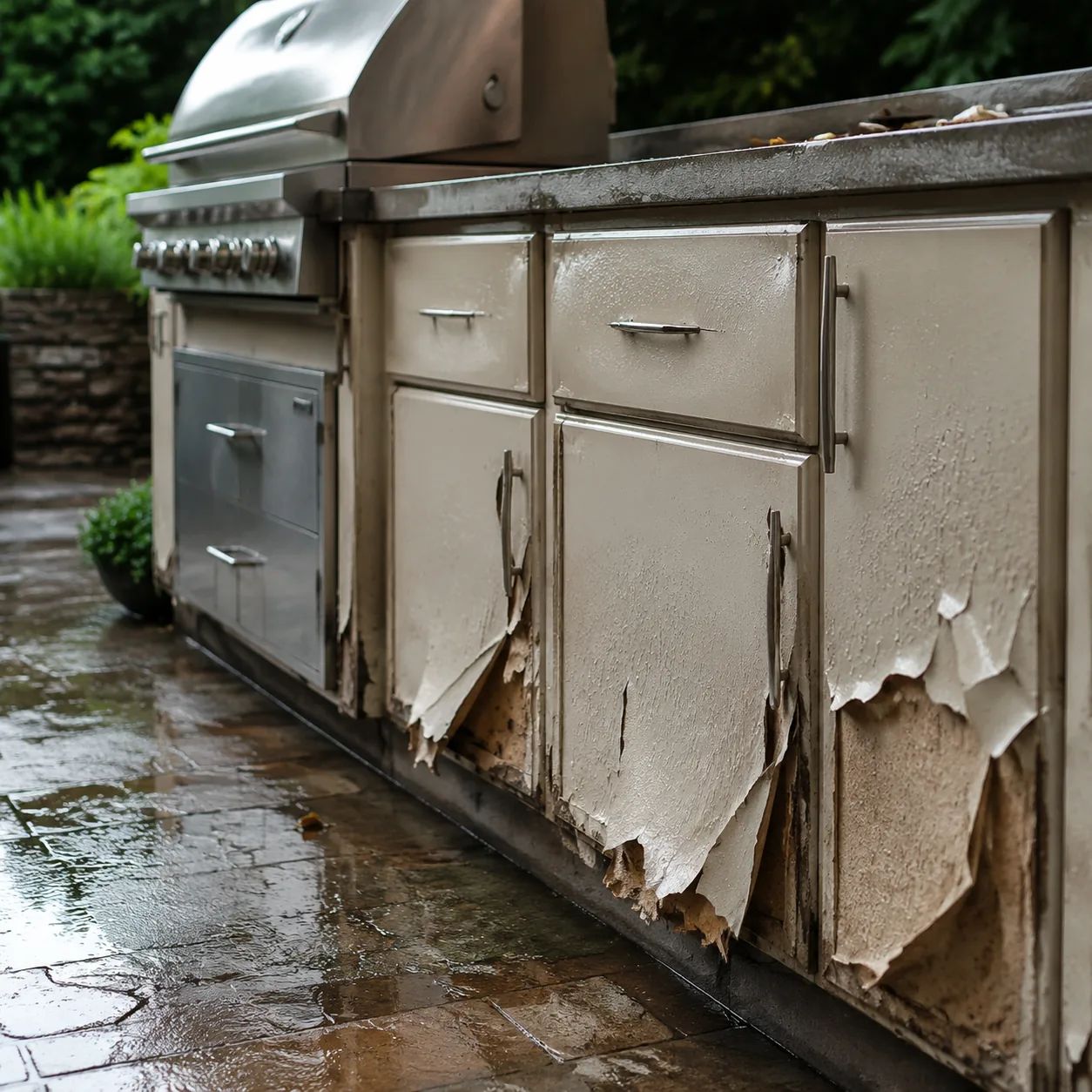 Realistic editorial photo of outdoor kitchen cabinets swelling and peeling after weather exposure, stainless grill nearb