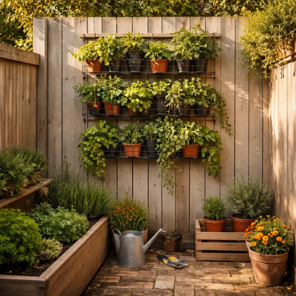Realistic editorial photo of plant vertically on one wall in small fenced backyard, realistic editorial photo, natural l