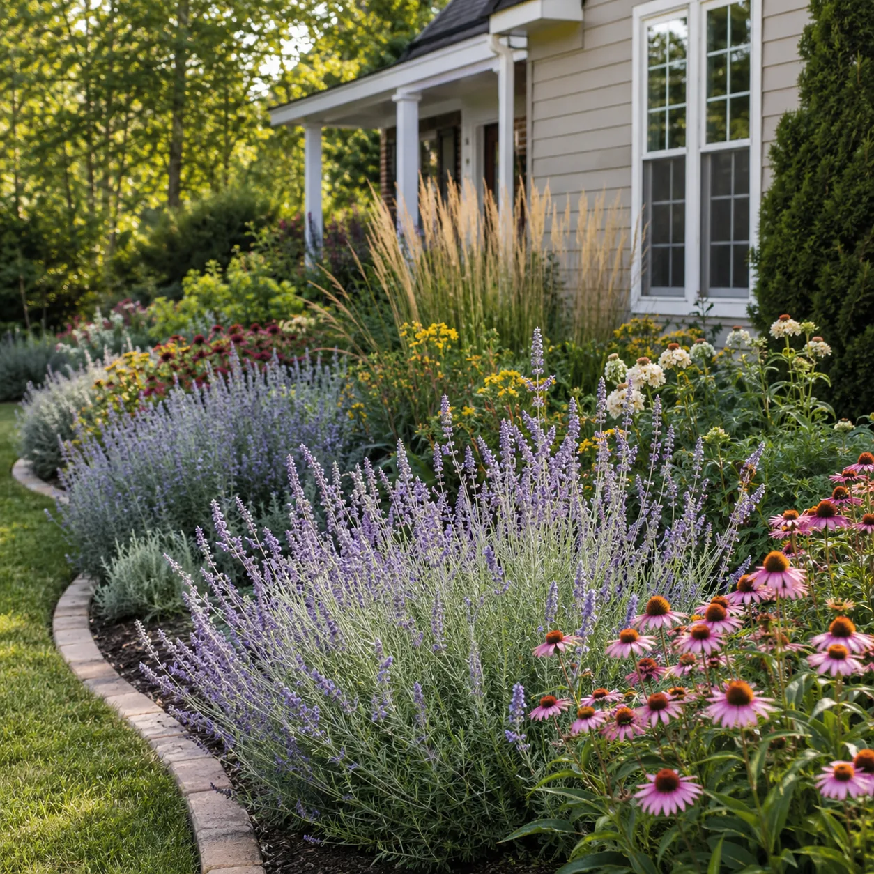 Realistic editorial photo of Russian sage growing in front yard border with deer resistant flowering plants, realistic e