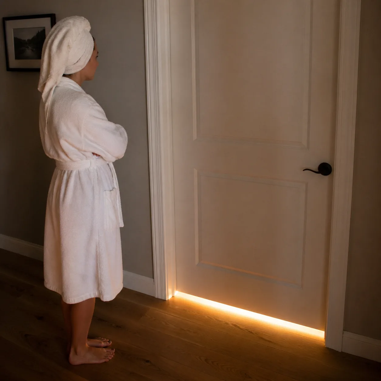 Realistic lifestyle photo of a closed bathroom door with light coming from underneath while wife waits in robe and towel