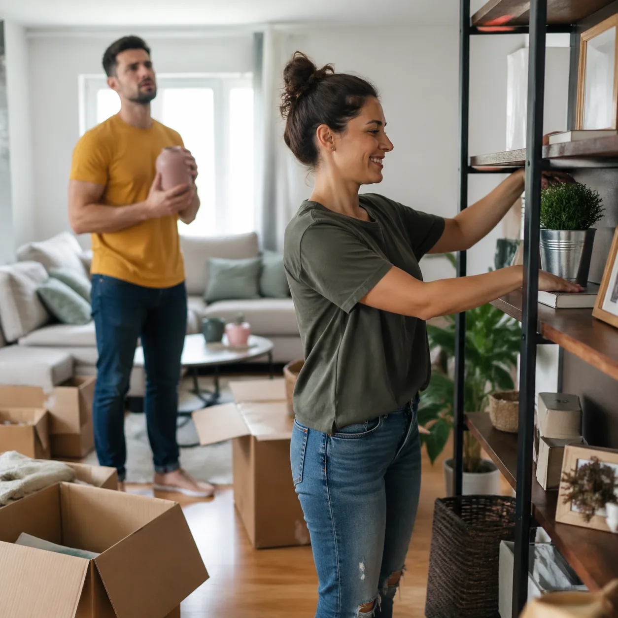 Realistic lifestyle photo of a wife happily rearranging shelves in a living room while boxes and decor sit around her, h