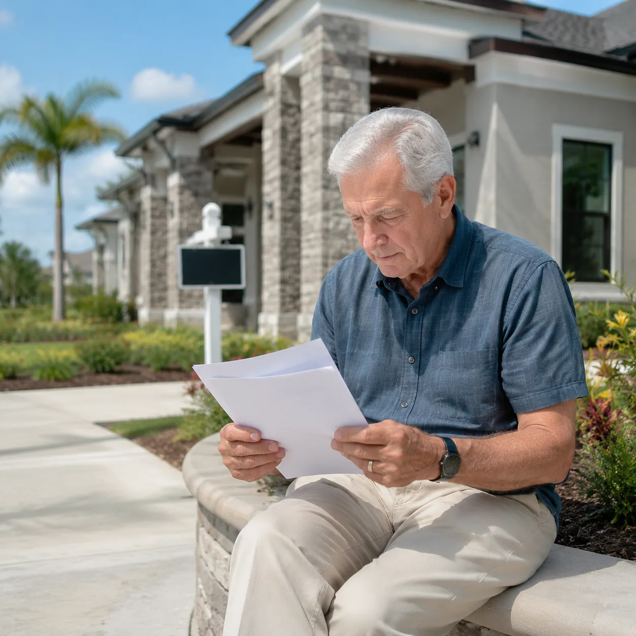 retiree reading CDD bond paperwork beside model home in planned community, realistic editorial lifestyle photography for