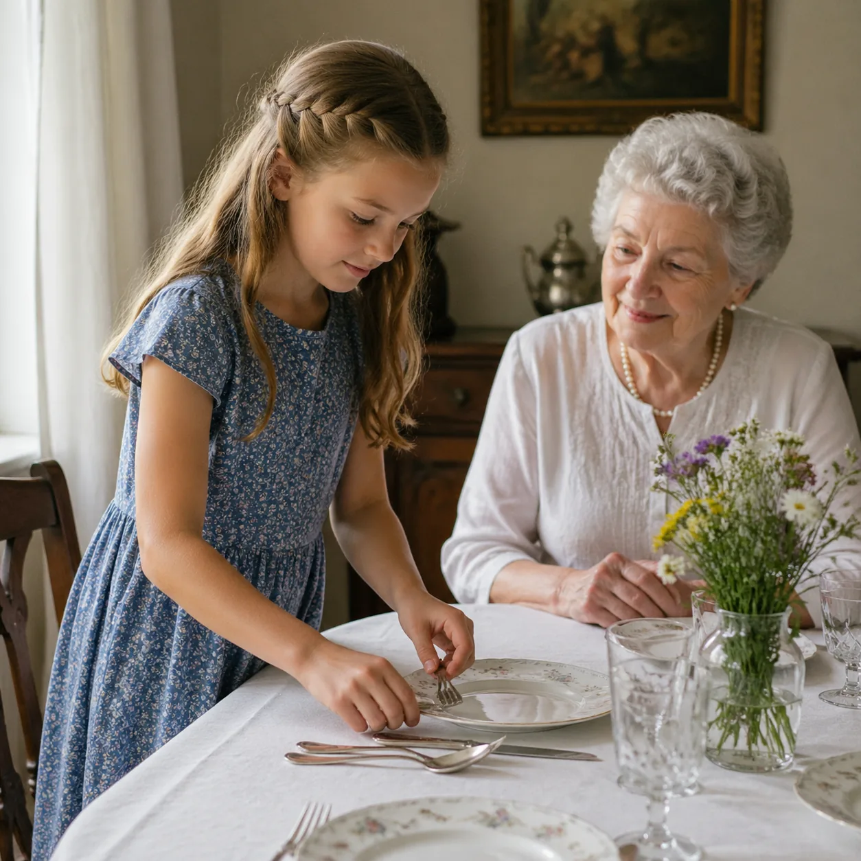 Warm editorial photo of a granddaughter carefully placing silverware on a set table while her grandmother watches approv