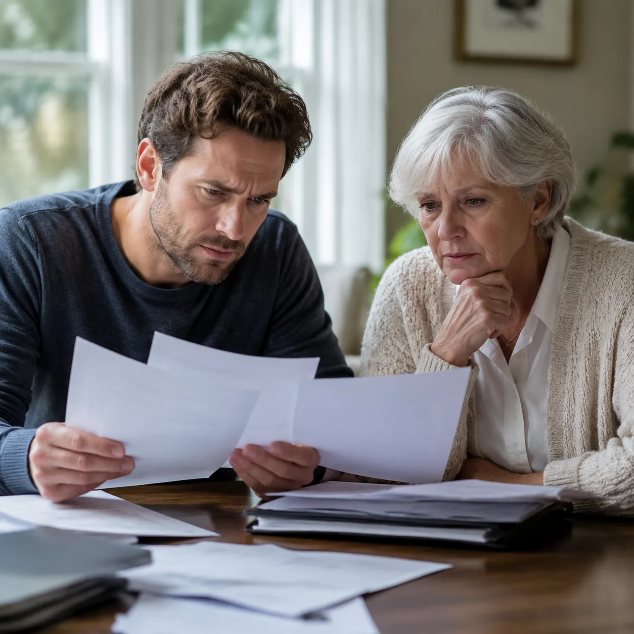 adult son comparing assisted living first year bill with renewal notice, realistic editorial lifestyle photography for A