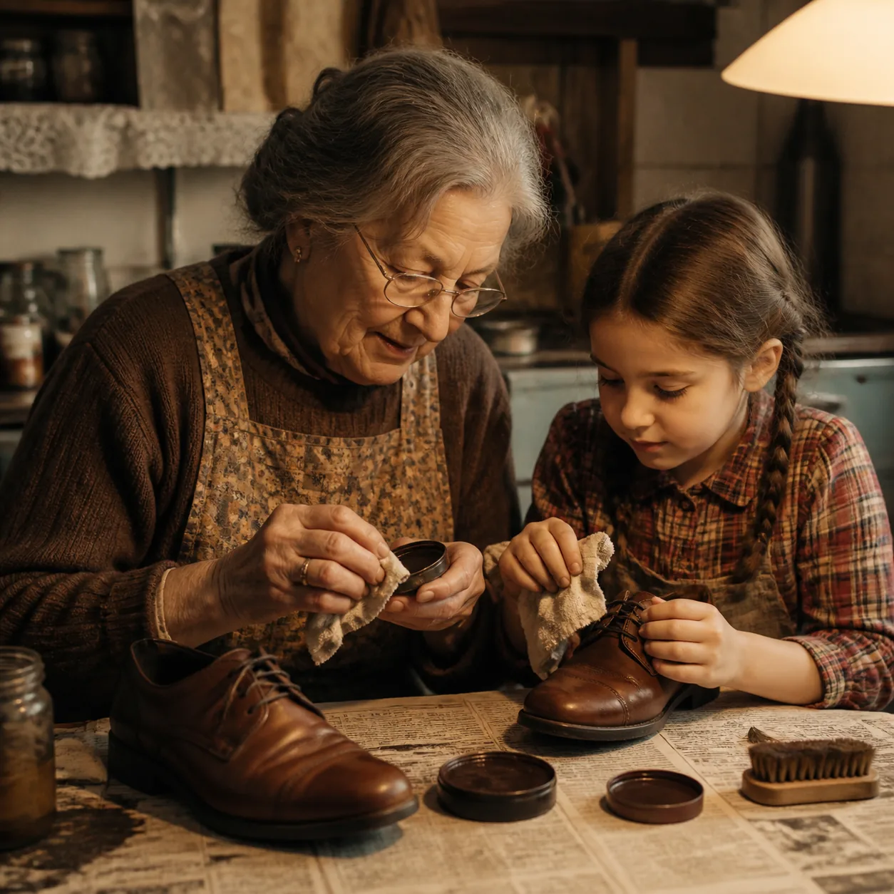 Cozy editorial photo of a grandmother teaching her granddaughter to polish a pair of brown leather shoes on a newspaper-
