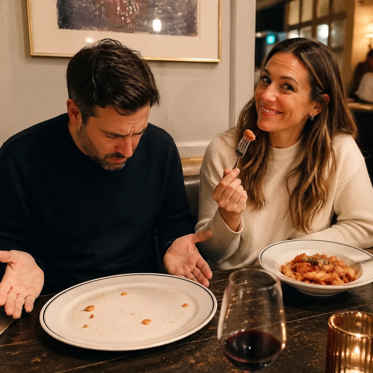 Funny lifestyle photo of a husband looking down at his nearly empty plate while his wife smiles innocently with a fork i