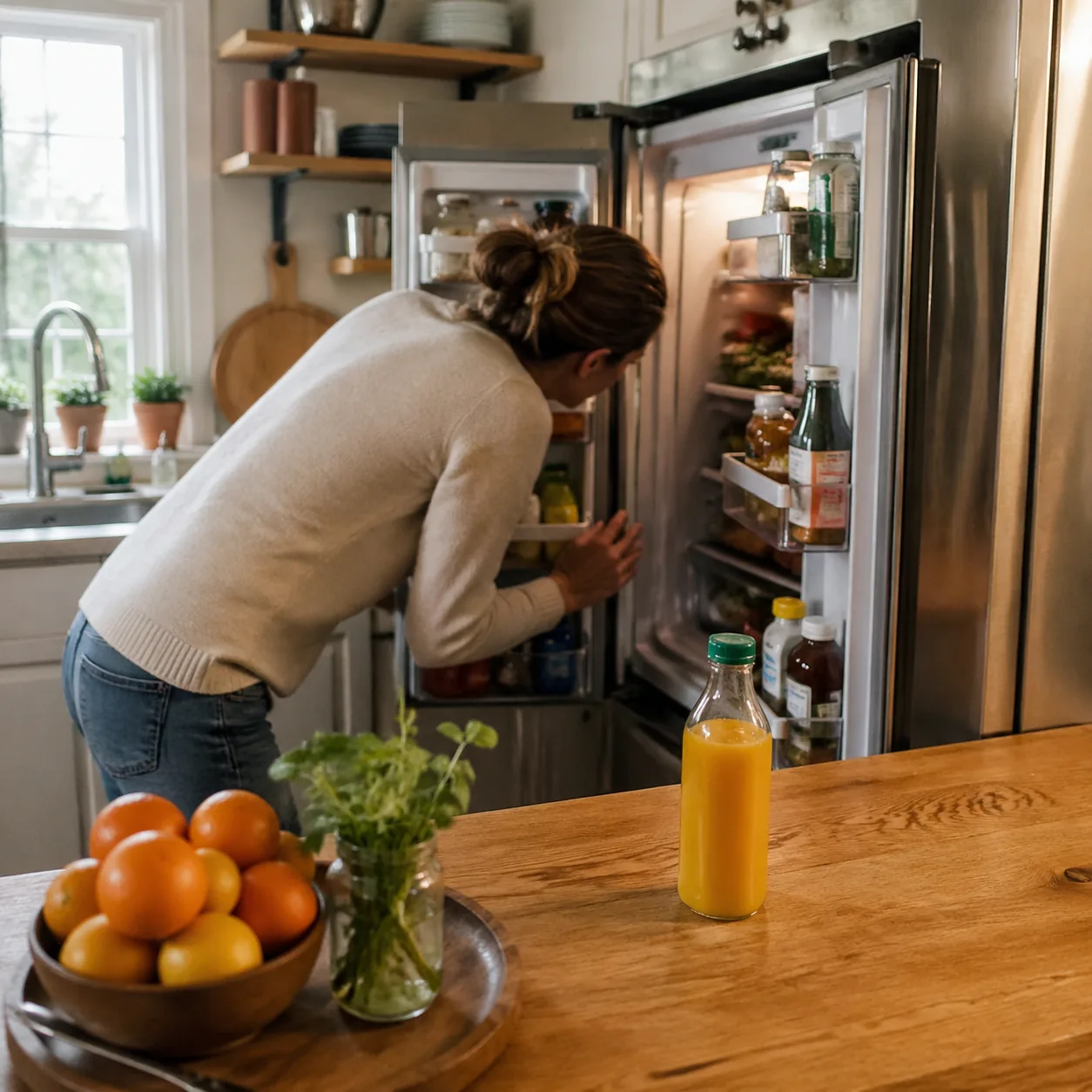 Humorous realistic photo of a wife searching inside a refrigerator while an obvious item sits directly in front of her, 
