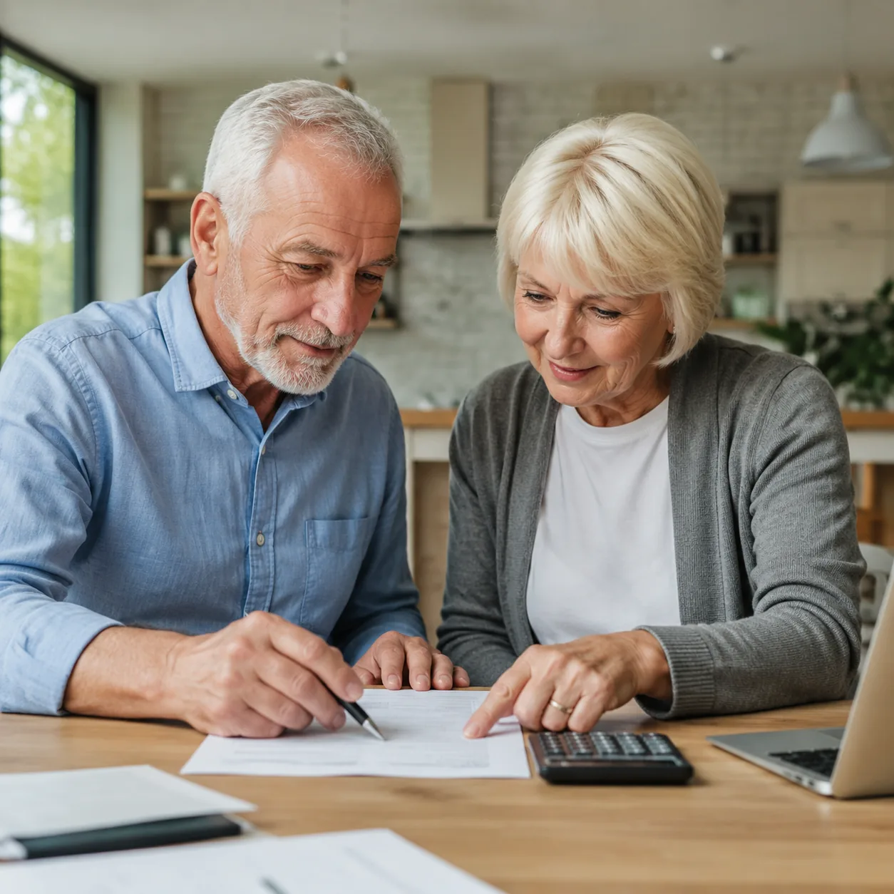 older couple at closing table with real estate documents and calculator, realistic editorial lifestyle photography for A