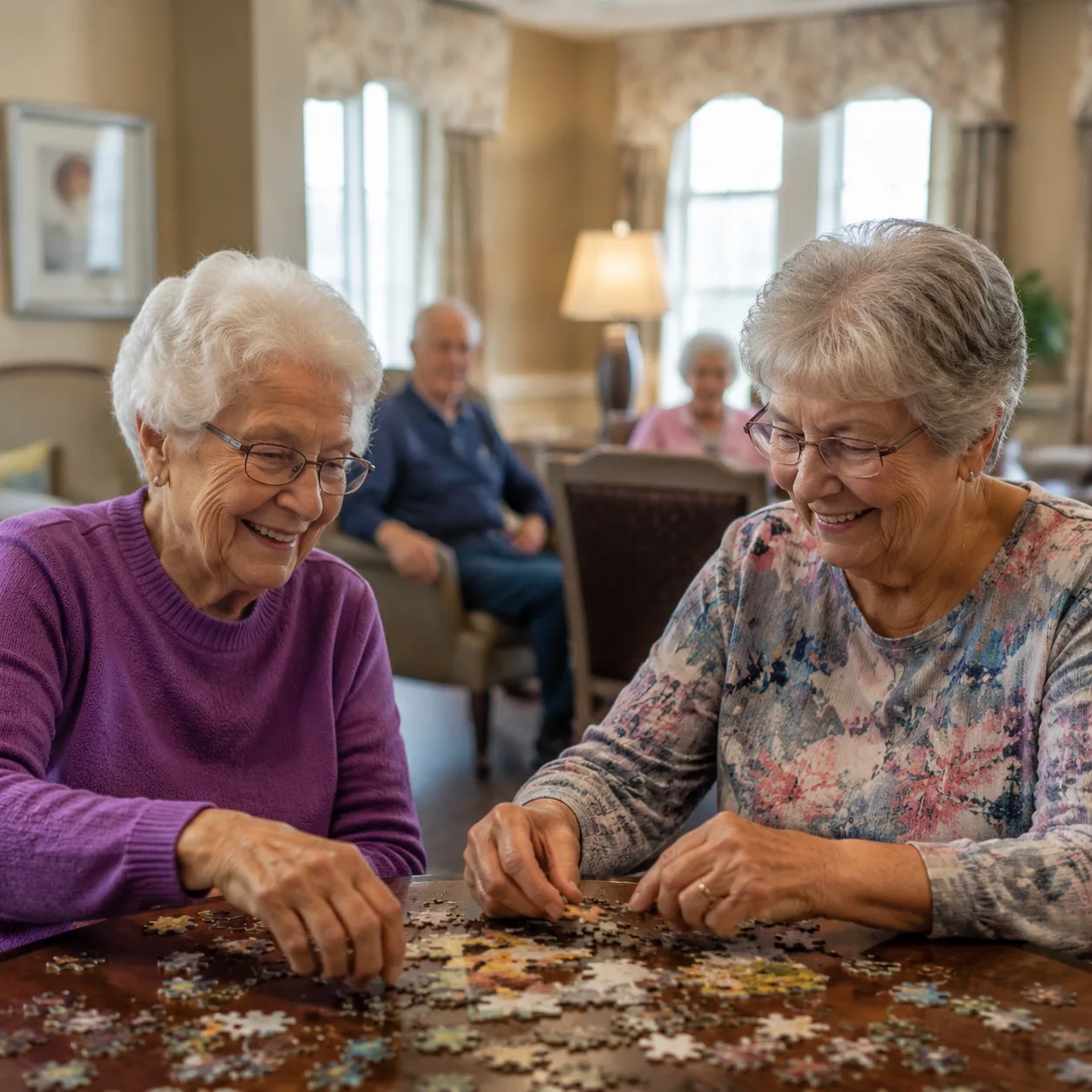 older residents sitting in assisted living lounge during ordinary afternoon activities, realistic editorial lifestyle ph