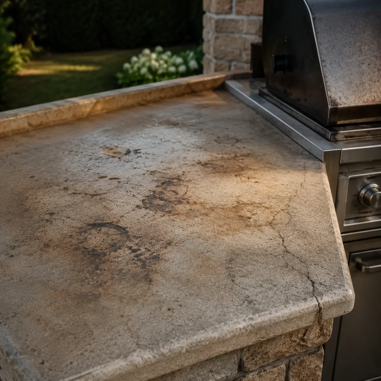Realistic editorial outdoor barbecue counter with grease stains, heat rings, and cracked surface beside a built-in grill