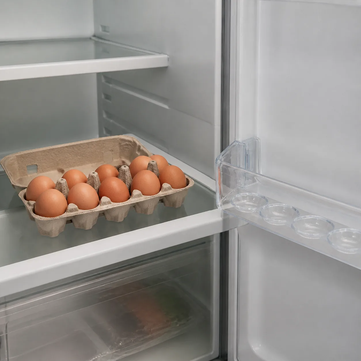 Realistic editorial photo of a carton of eggs placed on a middle refrigerator shelf, empty egg-shaped door tray visible 