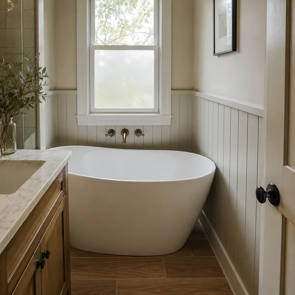 Realistic editorial photo of a freestanding bathtub squeezed into a small remodeled bathroom with narrow cleaning gaps around it