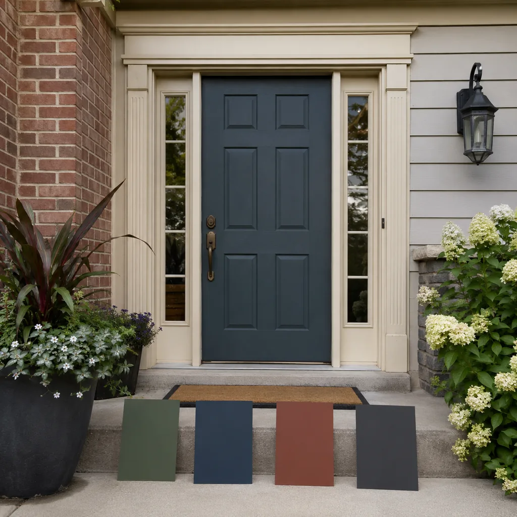 Realistic editorial photo of a front entry with door paint samples, brick, siding, plants, and trim showing trim color ignored during the update