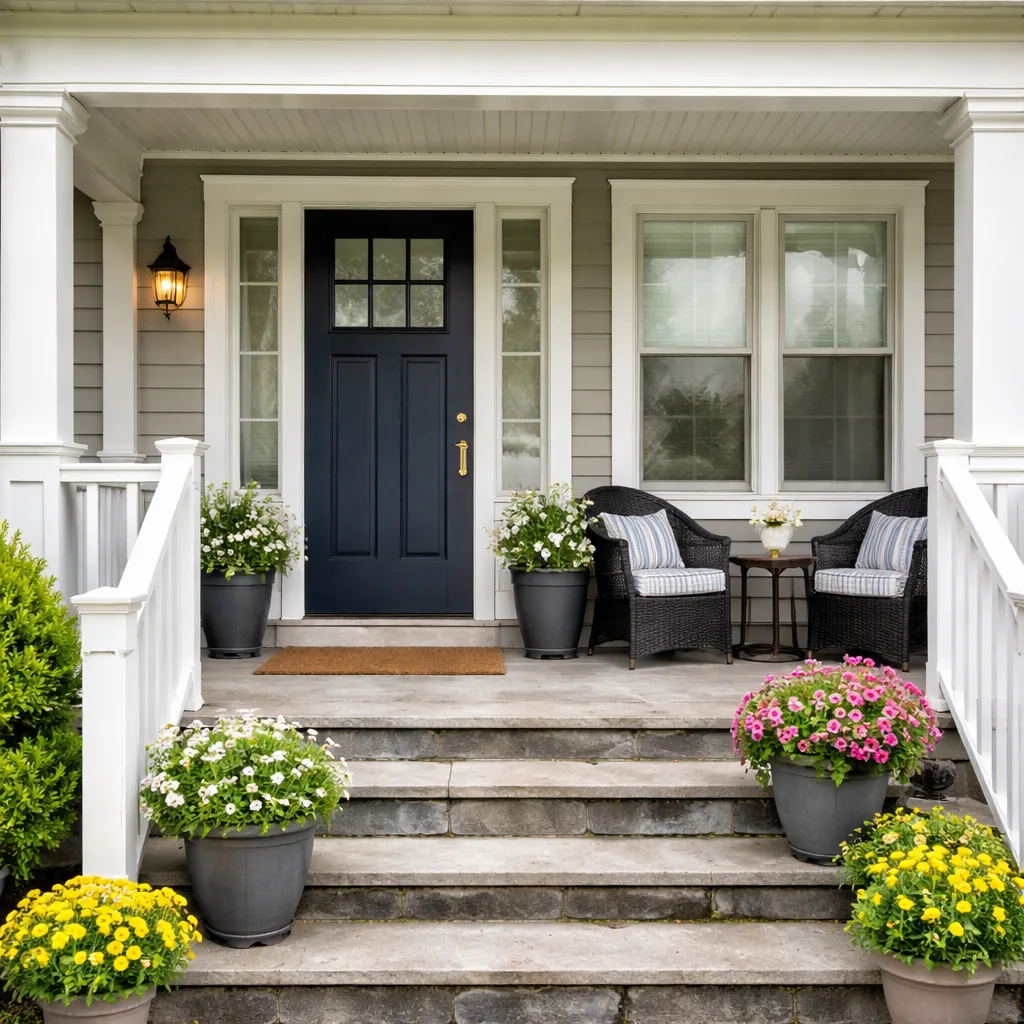 Realistic editorial photo of a front porch prepared for a home showing with steps, door, railings, seating, and curb appeal issues showing windows that stick or