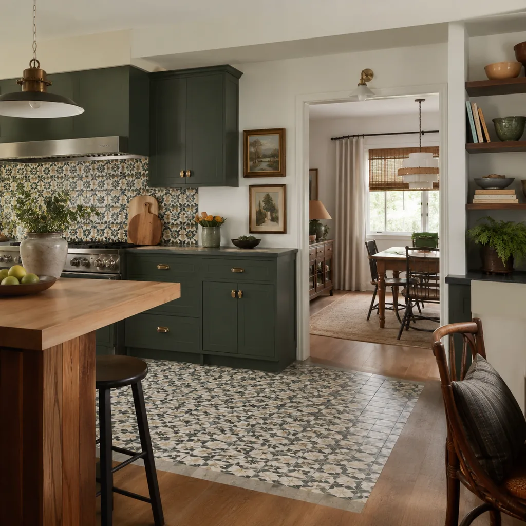 Realistic editorial photo of a home interior with vintage decor, modern furniture, warm wood, patterned accents, and layered lighting showing patterned tile use