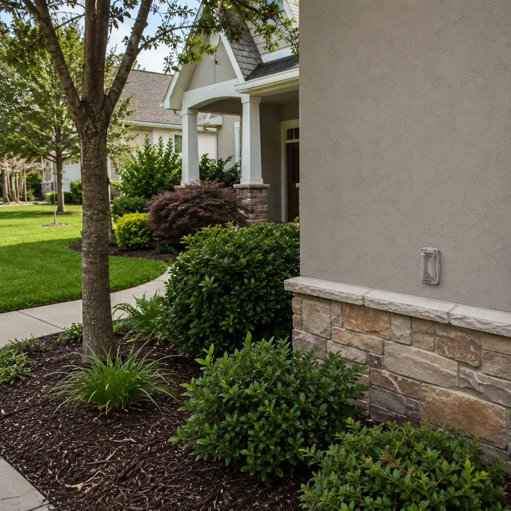 Realistic editorial photo of a landscaped American front yard with lawn, shrubs, mulch beds, trees, walkway, and house exterior showing outdoor outlets forgotte