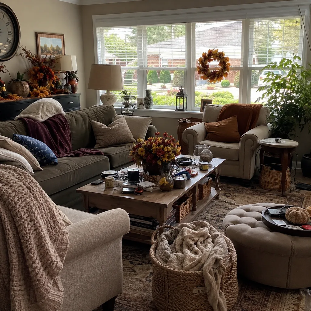 Realistic editorial photo of a living room with crowded surfaces, extra chairs, baskets, blankets, cords, and storage furniture showing seasonal decor mixed wit