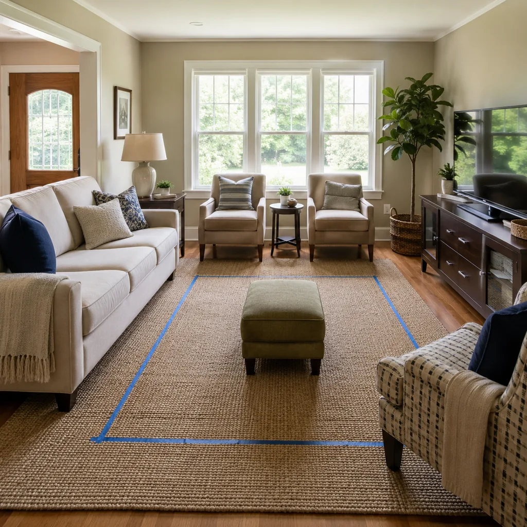 Realistic editorial photo of a living room with sofa, chairs, rug, TV, windows, and taped layout marks showing small ottoman instead of a bulky table