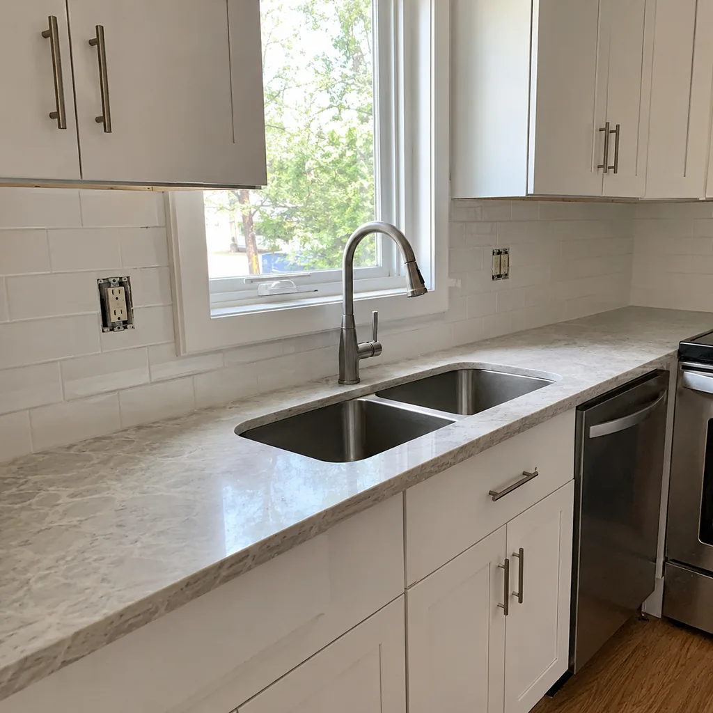 Realistic editorial photo of a realistic American kitchen with sink, cabinets, appliances, counters, and inspection details showing old outlets beside new surfa