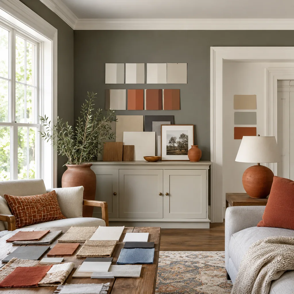 Realistic editorial photo of a room with paint swatches, sample boards, wall colors, trim, furniture, and daylight showing terracotta used in small controlled d