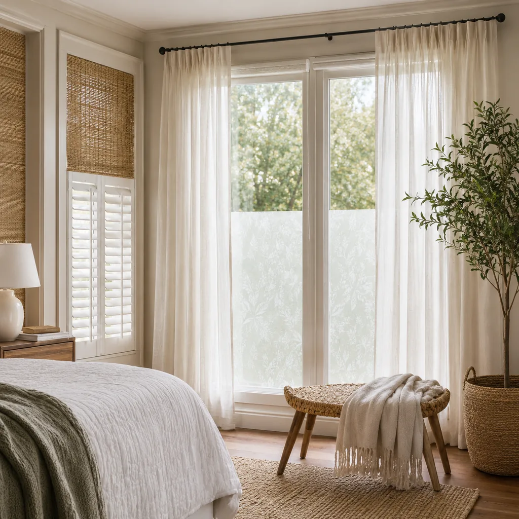 Realistic editorial photo of a room with windows, shades, shutters, woven panels, privacy film, and soft natural light showing sheers used where privacy is need
