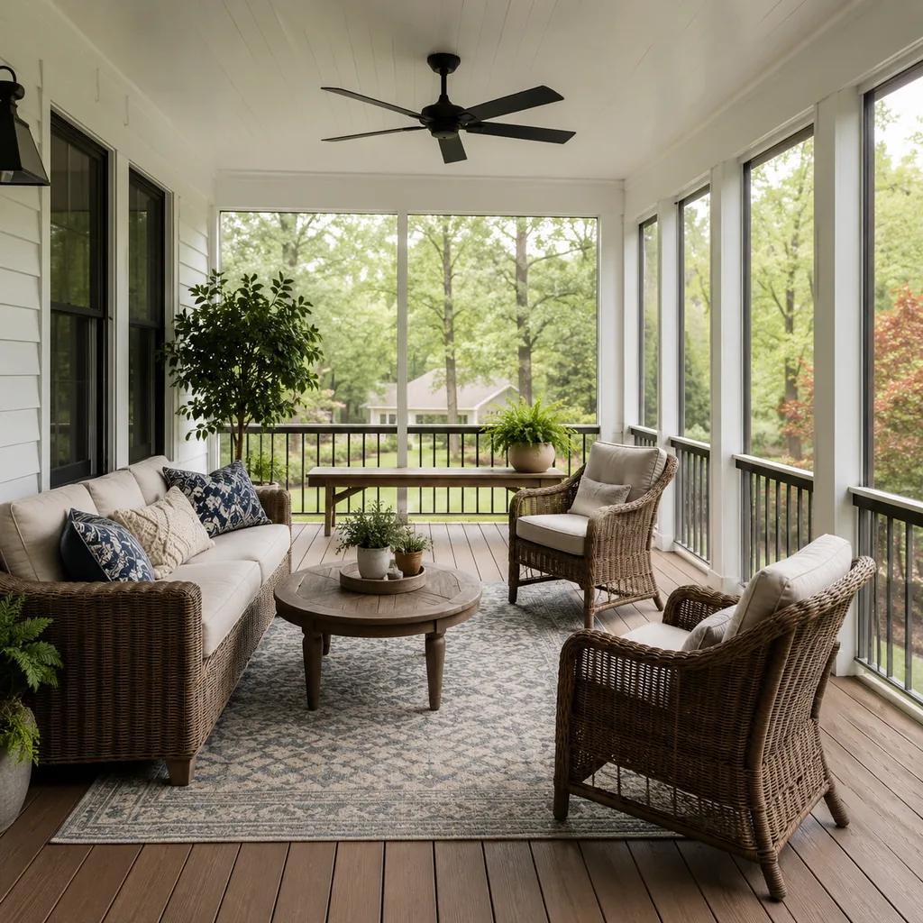 Realistic editorial photo of a screened porch with sofa, chairs, rug, plants, ceiling fan, screens, and soft daylight showing bench that does not block traffic