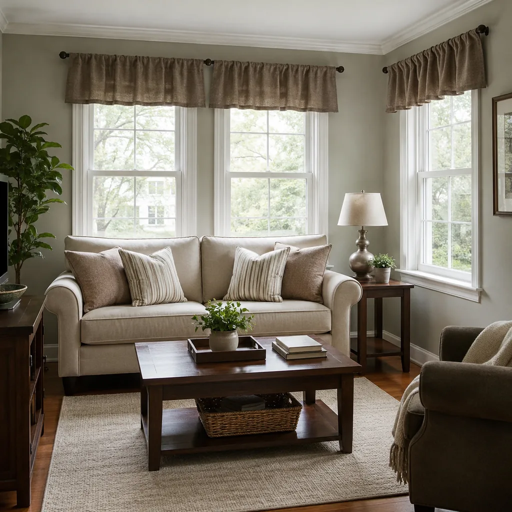 Realistic editorial photo of a small American room with windows, curtains, rods