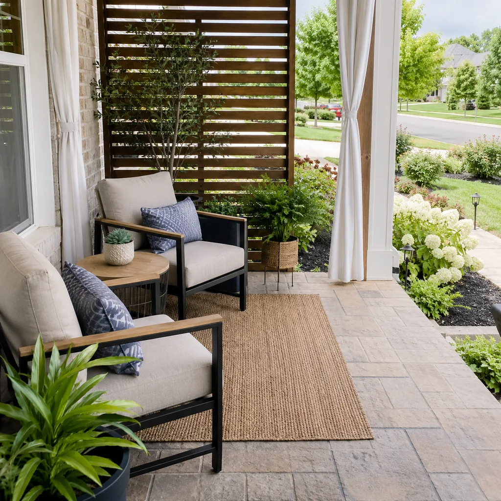 Realistic editorial photo of a small patio with compact seating, outdoor rug, plants, side table, curtains, and privacy screen showing front yard beds with rand
