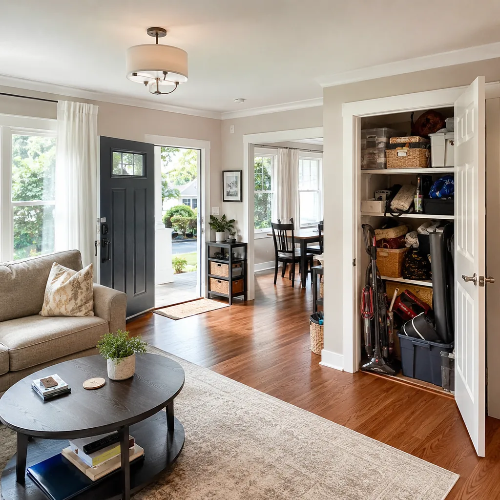 Realistic editorial photo of a staged home interior with living room, entry, lighting, furniture placement, and listing-photo details showing storage rooms that