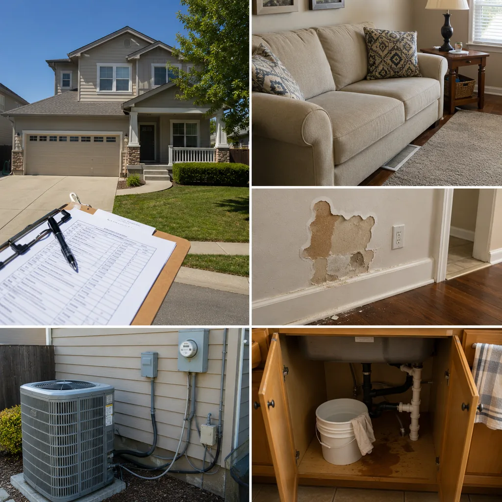 Realistic editorial photo of a suburban American home with appraisal paperwork, exterior details, utilities, and interior repair clues showing hvac vents blocke