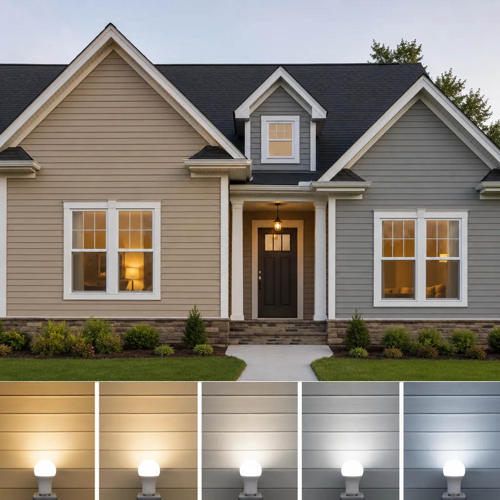 Realistic editorial photo of a suburban home exterior with siding, trim, roof, front door, lawn, and paint swatches showing cold bulbs changing the wall color