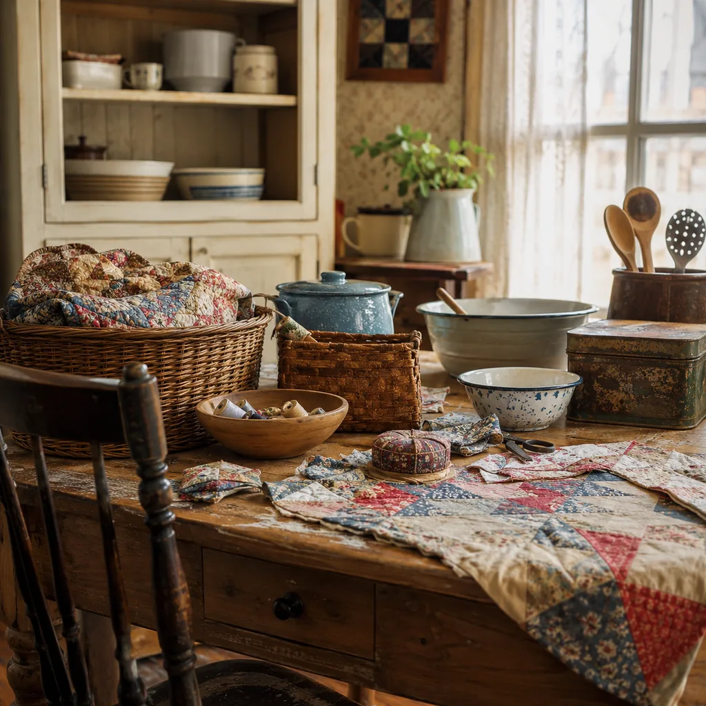 Realistic editorial photo of a vintage kitchen table with bowls, enamel cookware, utensils, tins, and warm window light showing old quilting, sewing, or knittin
