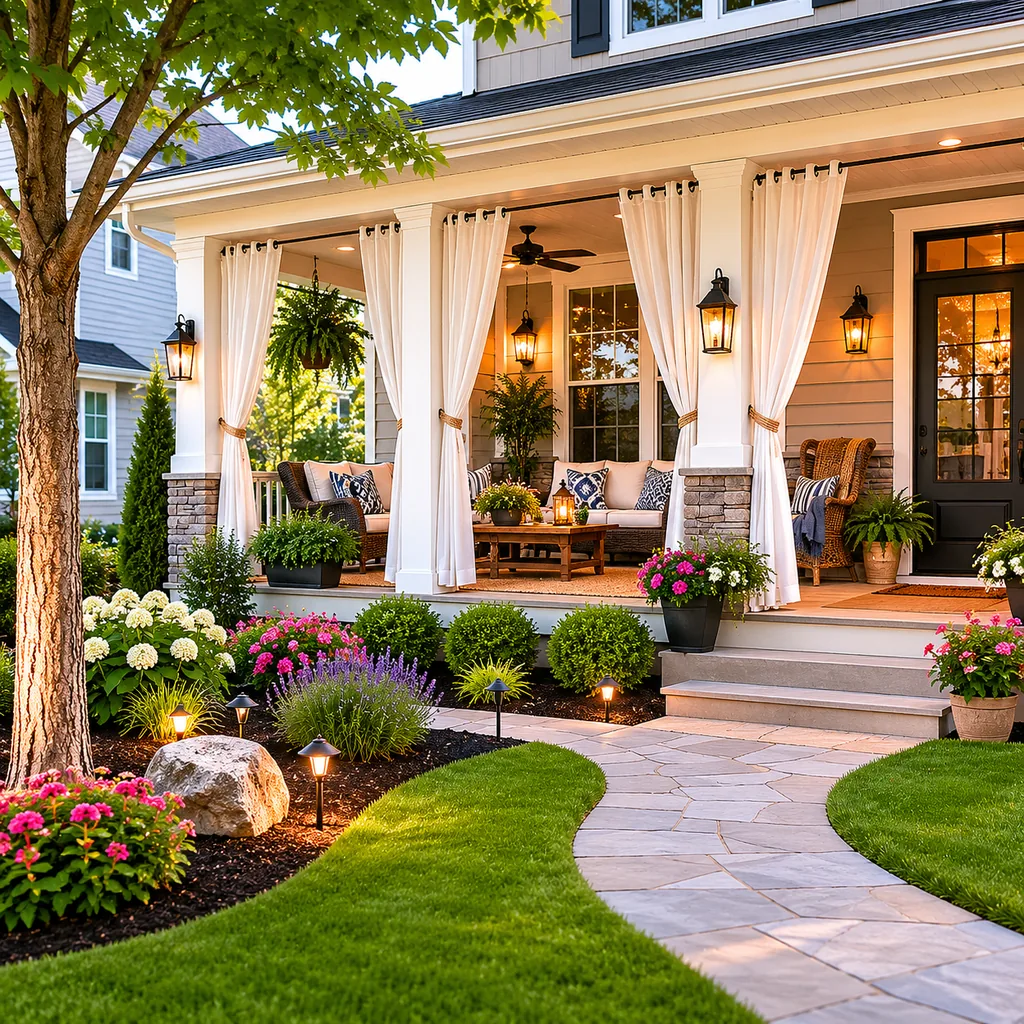 Realistic editorial photo of an American front yard with lawn, shrubs, walkway, mulch beds, trees, and a front porch showing outdoor curtains with no wind plan