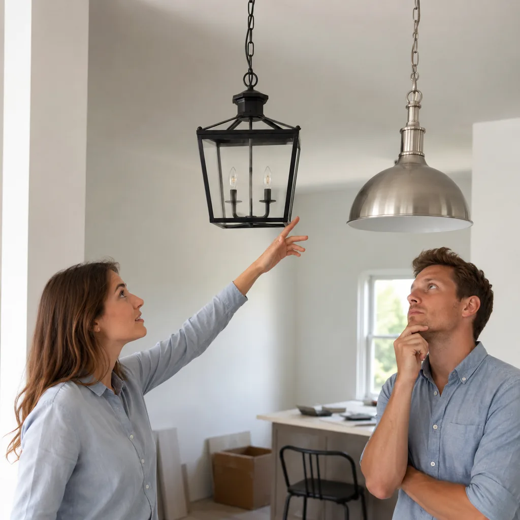 Realistic editorial photo of an American home lighting showing choosing fixtures small