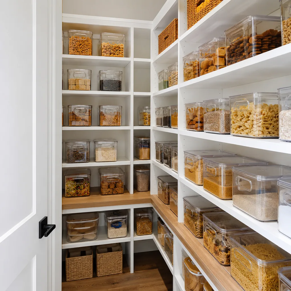 Realistic editorial photo of an American walk-in pantry showing using clear bins for everything
