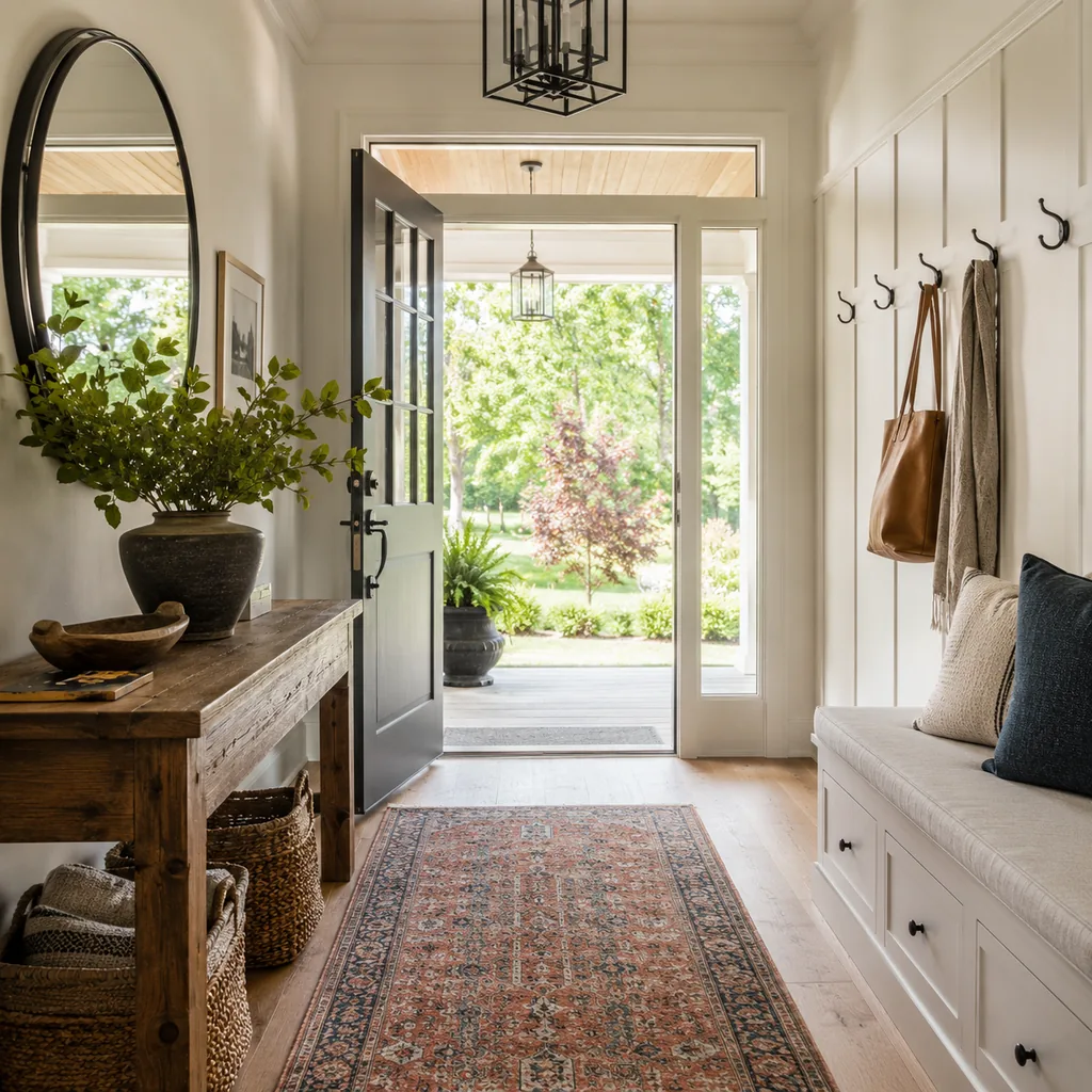 Realistic editorial photo of an entryway with console table, mirror, bench, hooks, rug, lighting, and storage showing porch detail borrowed from interiors