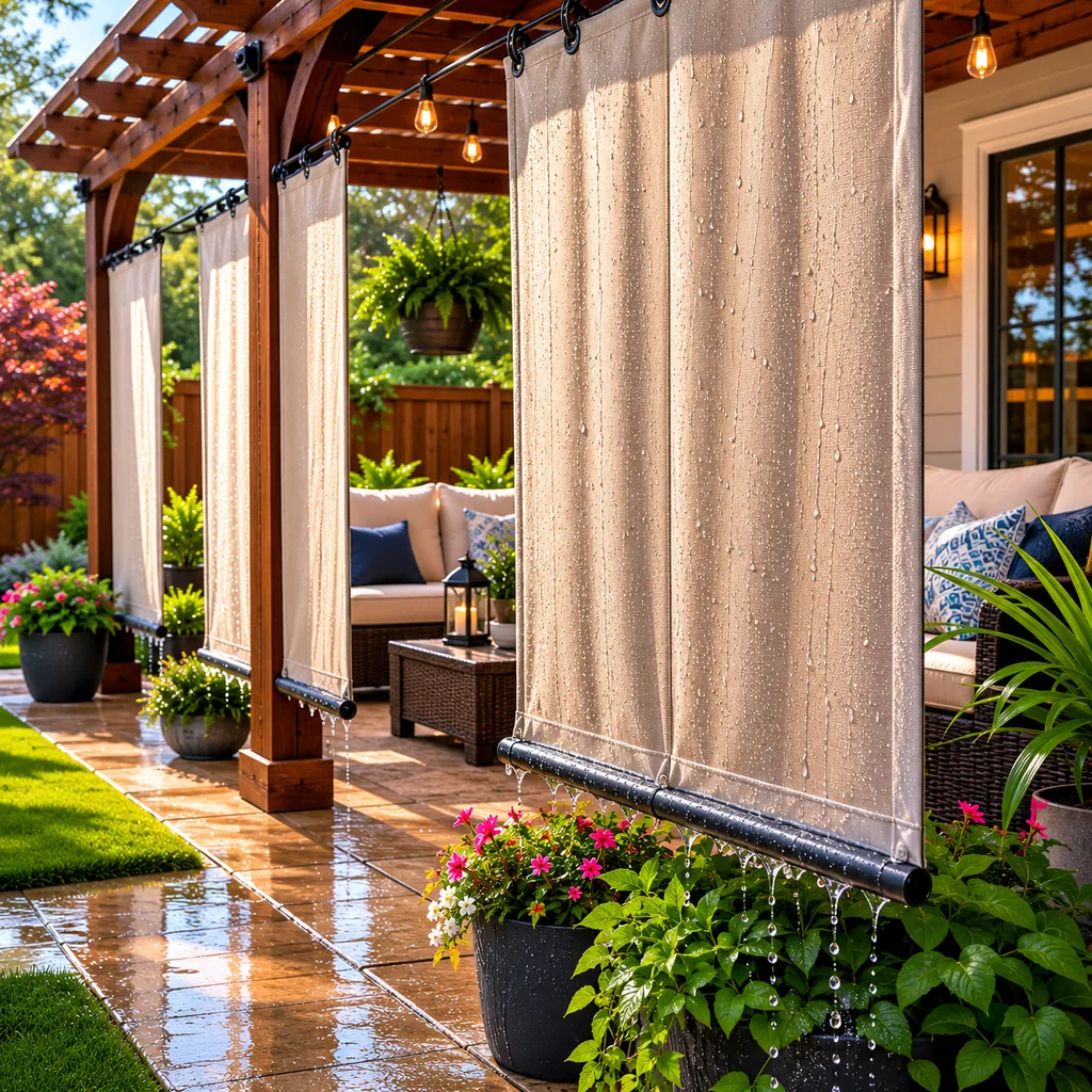 Realistic editorial photo of an outdoor patio with pergola curtains, seating, plants, fabric panels, and sunlight showing outdoor panels that trap rainwater