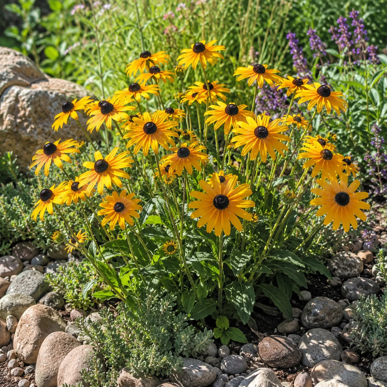 Realistic editorial photo of Black-eyed Susan growing in sunny drought tolerant flower bed in summer heat, realistic edi