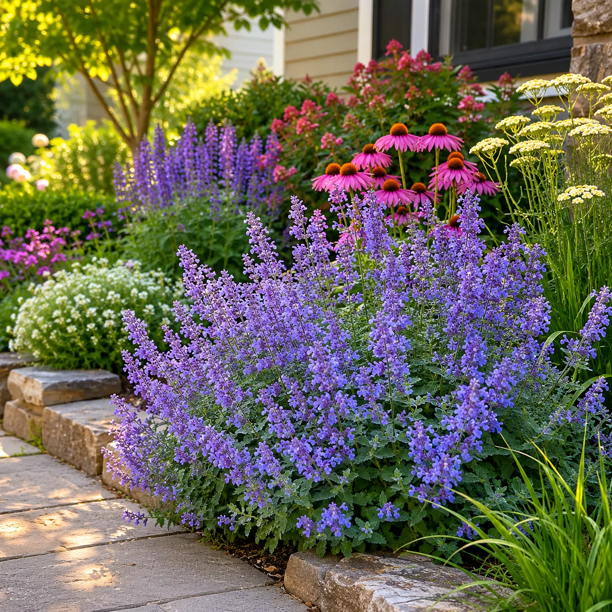 Realistic editorial photo of Catmint growing in front yard border with deer resistant flowering plants, realistic editor