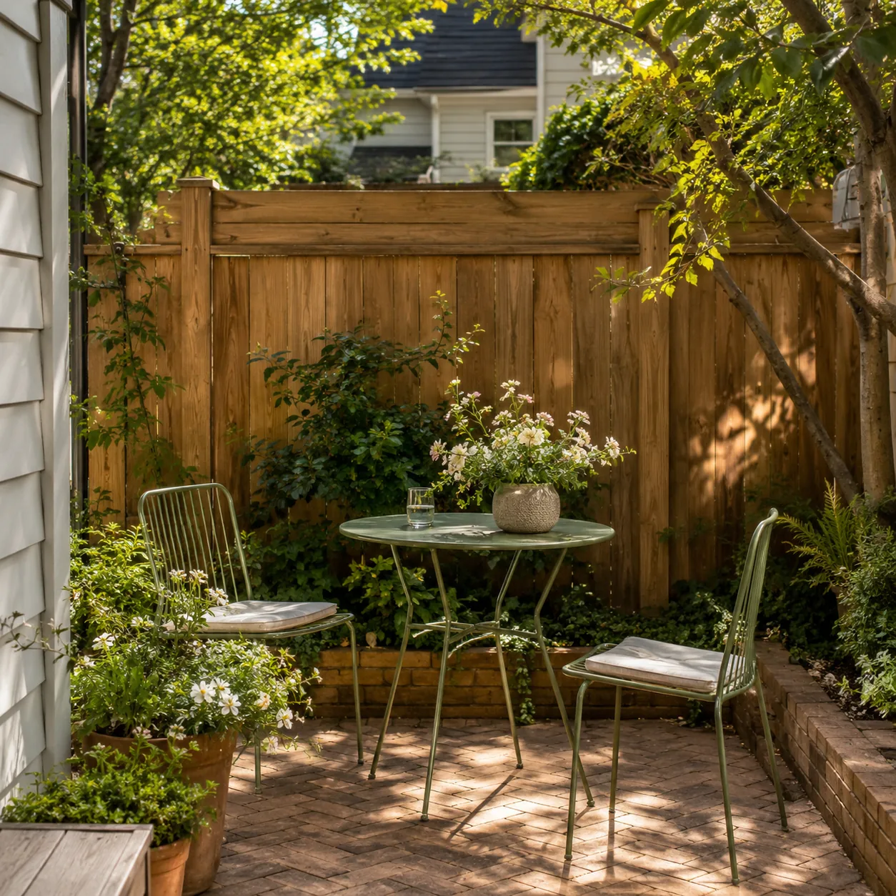 Realistic editorial photo of choose furniture with thin legs in small fenced backyard, realistic editorial photo, natura