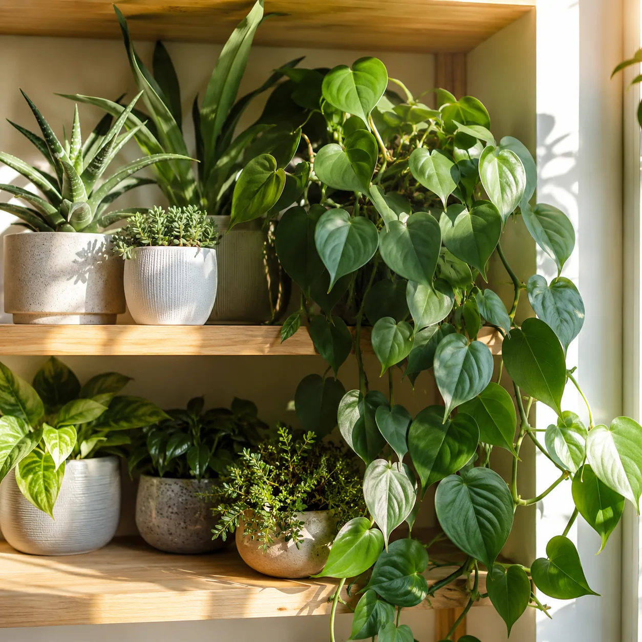 Realistic editorial photo of Heartleaf philodendron growing in bright indoor shelf with low maintenance houseplants, rea