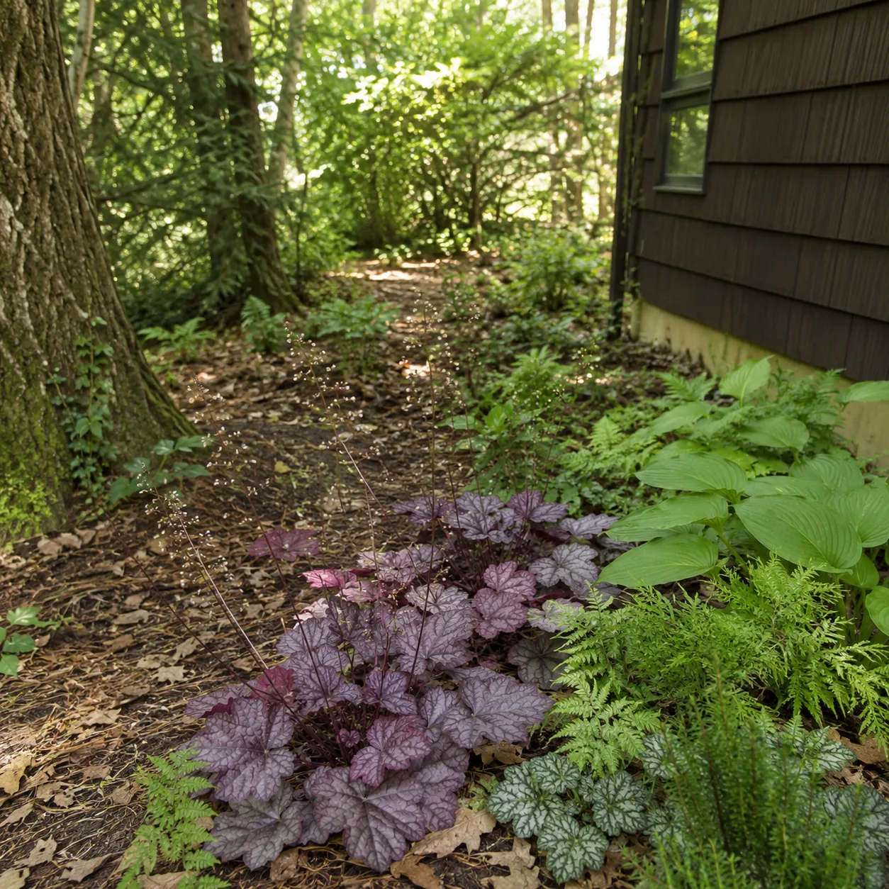 Realistic editorial photo of Heuchera growing in dry shady side yard under mature trees planted with shade tolerant plan