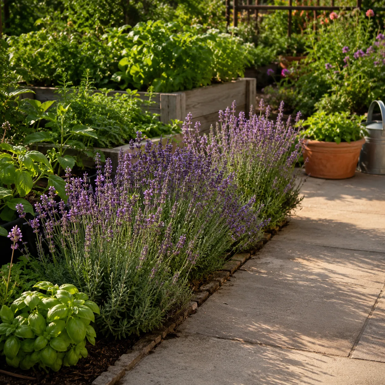 Realistic editorial photo of Lavender by patio edges growing in a practical edible and flower garden, realistic editoria